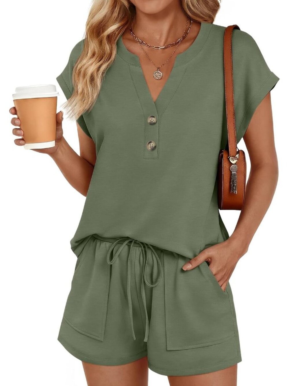 〽️Women's Outfit Set Army Green Casual Summer Beach Two Piece Matching Sweatsuit